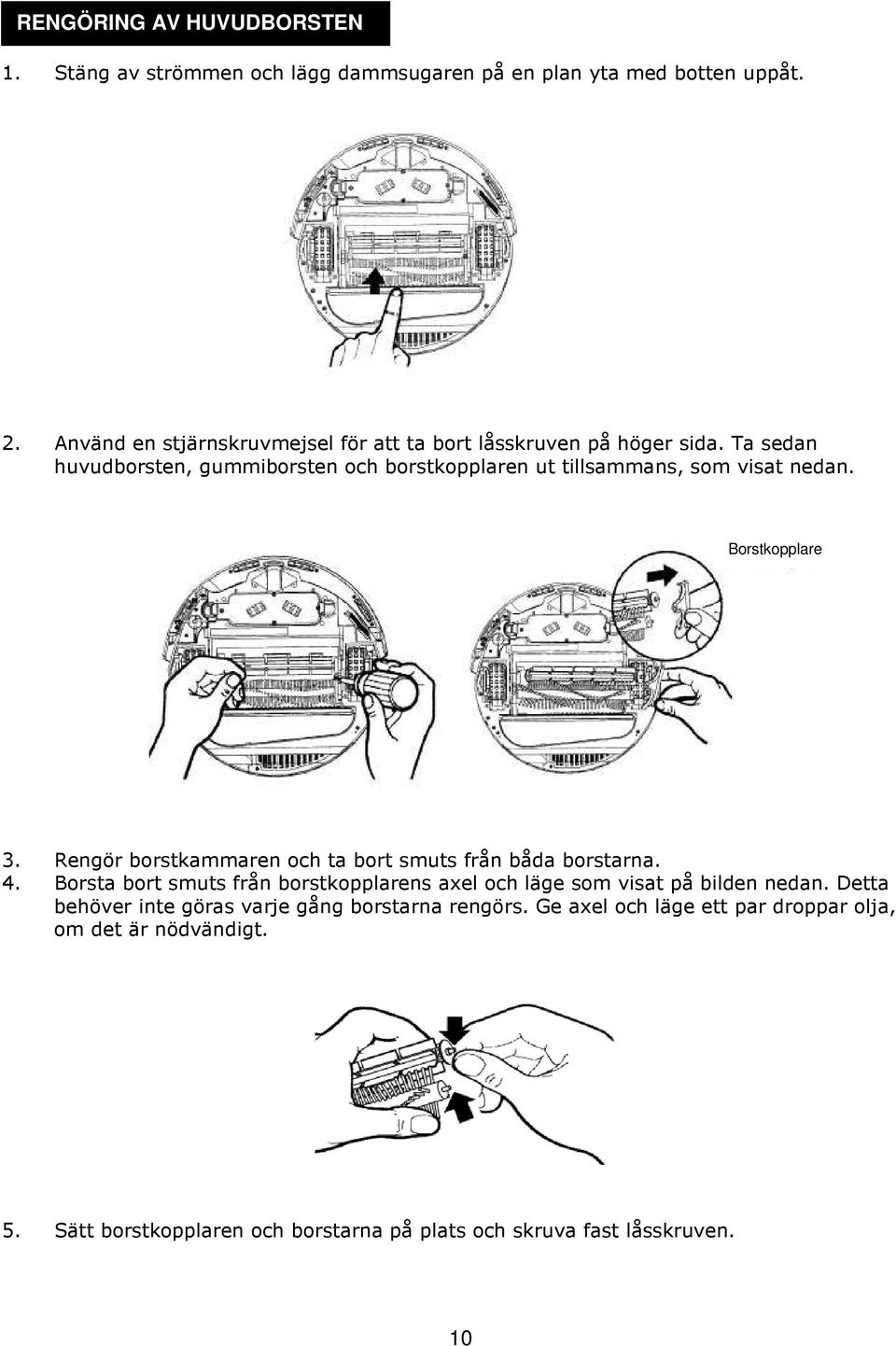 Ta sedan huvudborsten, gummiborsten och borstkopplaren ut tillsammans, som visat nedan. Borstkopplare 3.