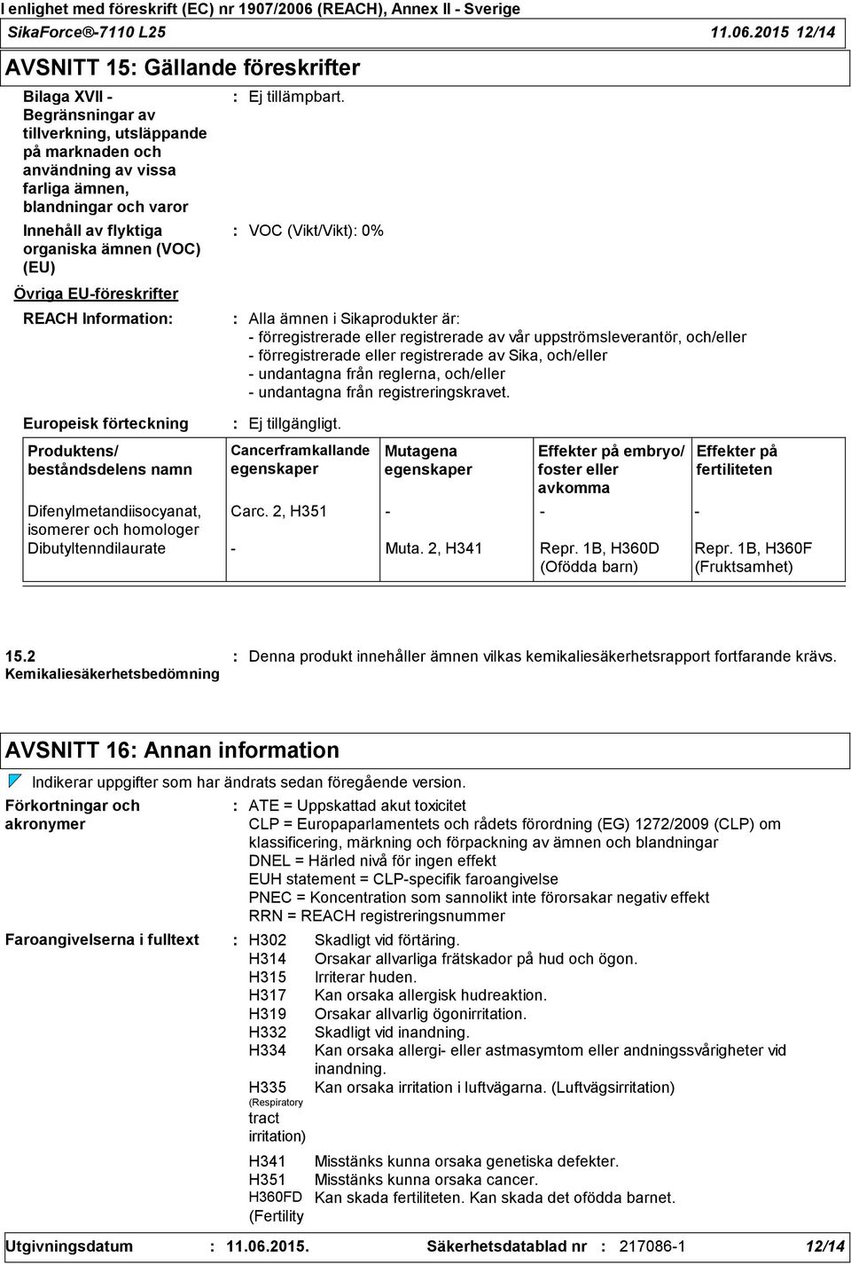 organiska ämnen (VOC) (EU) Övriga EU-föreskrifter REACH Information Europeisk förteckning Produktens/ beståndsdelens namn Ej tillämpbart.