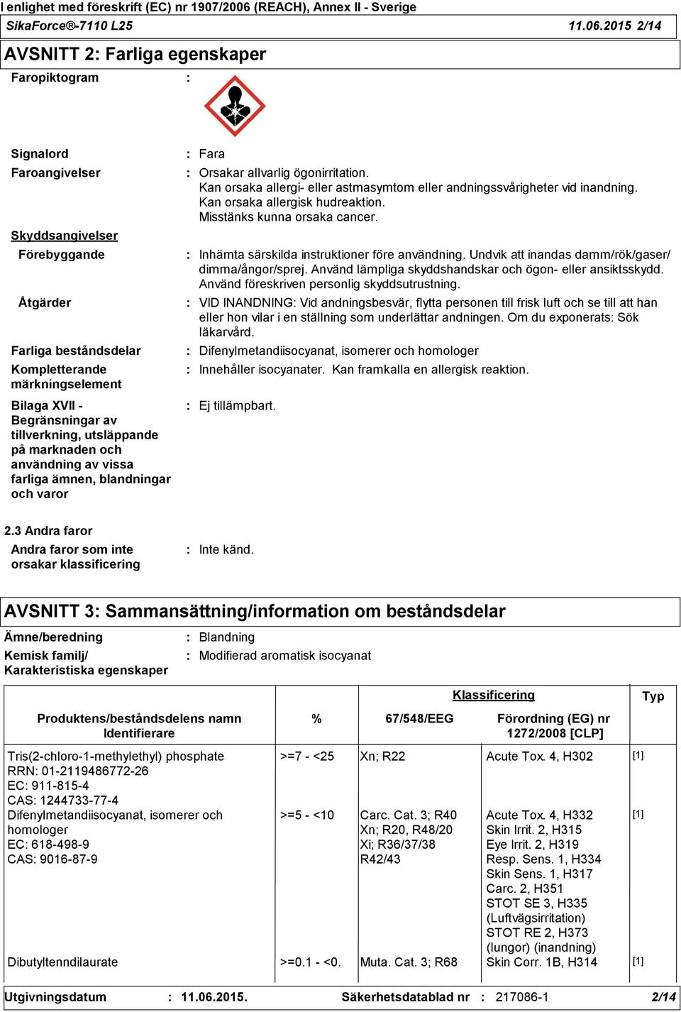 av tillverkning, utsläppande på marknaden och användning av vissa farliga ämnen, blandningar och varor Fara Orsakar allvarlig ögonirritation.