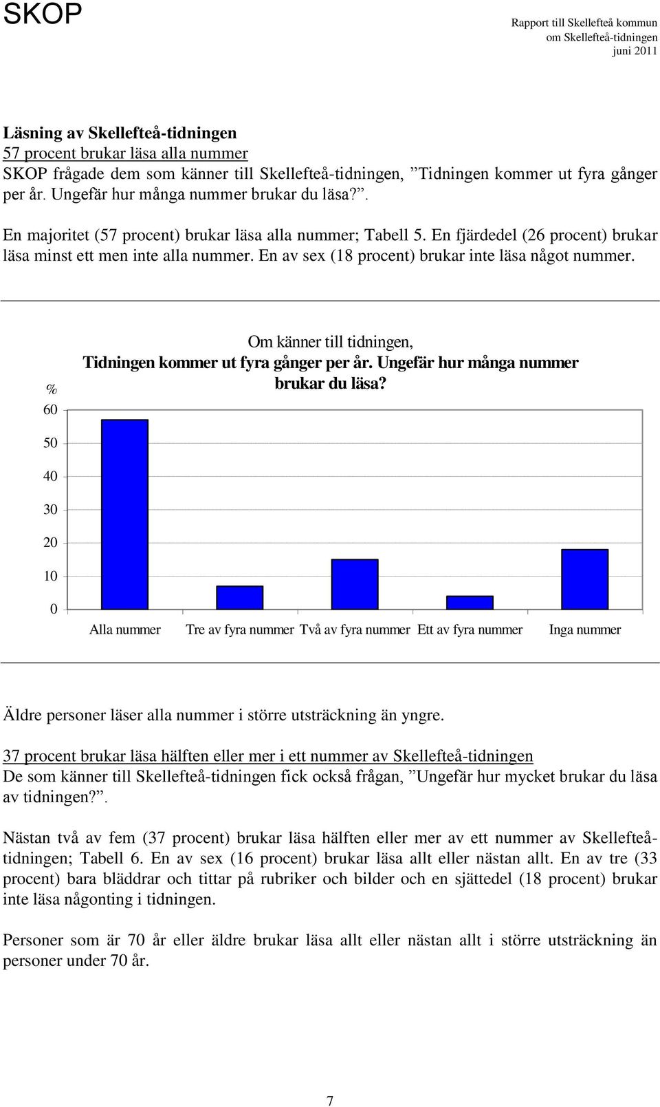 En av sex (18 procent) brukar inte läsa något nummer. % 60 Om känner till tidningen, Tidningen kommer ut fyra gånger per år. Ungefär hur många nummer brukar du läsa?