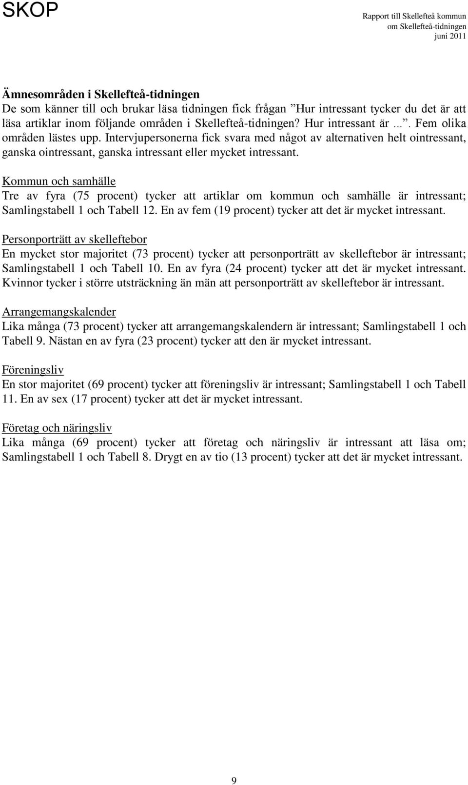 Kommun och samhälle Tre av fyra (75 procent) tycker att artiklar om kommun och samhälle är intressant; Samlingstabell 1 och Tabell 12. En av fem (19 procent) tycker att det är mycket intressant.