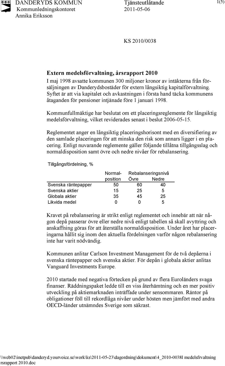 Kommunfullmäktige har beslutat om ett placeringsreglemente för långsiktig medelsförvaltning, vilket reviderades senast i beslut 2006-05-15.