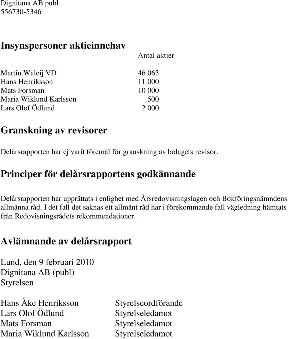 Principer för delårsrapportens godkännande Delårsrapporten har upprättats i enlighet med Årsredovisningslagen och Bokföringsnämndens allmänna råd.