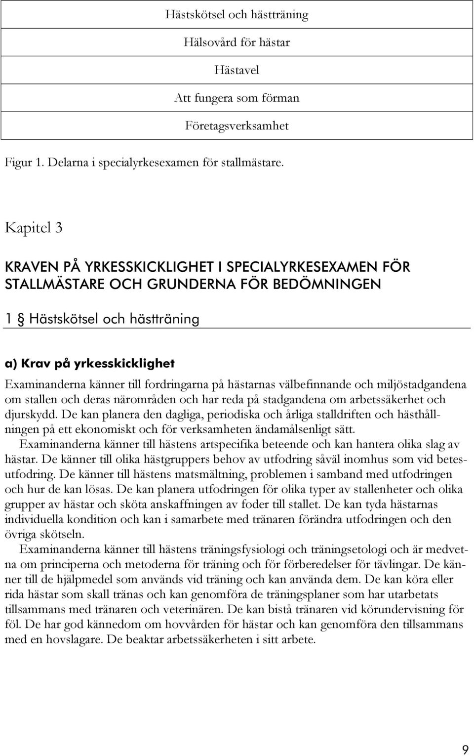 fordringarna på hästarnas välbefinnande och miljöstadgandena om stallen och deras närområden och har reda på stadgandena om arbetssäkerhet och djurskydd.