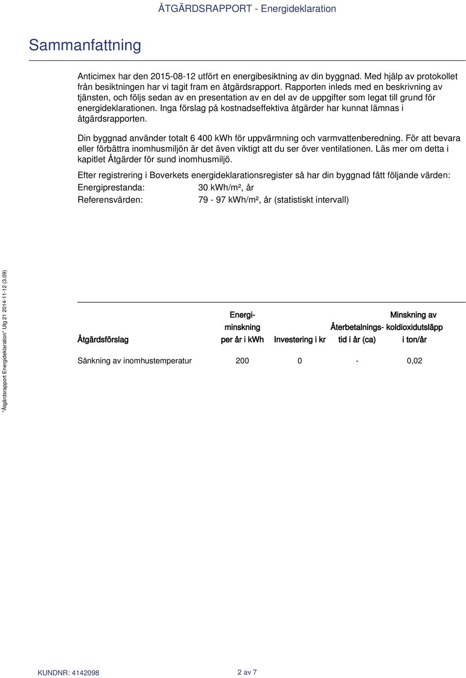 Inga förslag på kostnadseffektiva åtgärder har kunnat lämnas i åtgärdsrapporten. Din byggnad använder totalt 6 400 kwh för uppvärmning och varmvattenberedning.