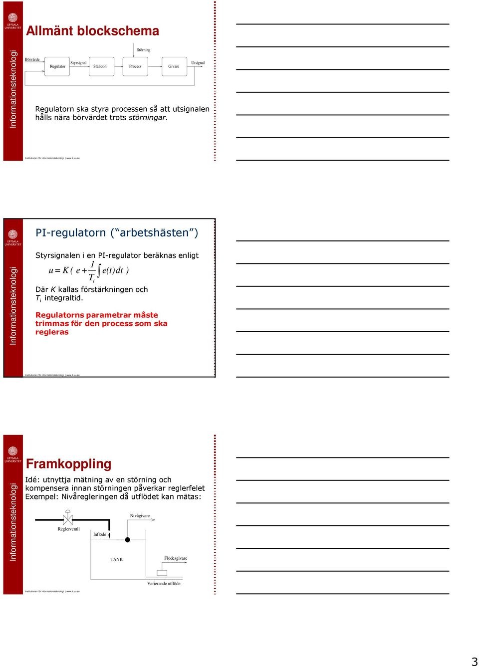 PI-regulatorn ( arbetshästen ) Styrsignalen i en PI-regulator beräknas enligt u = K ( e+ T e(t)dt ) i Där K kallas förstärkningen och T i integraltid.