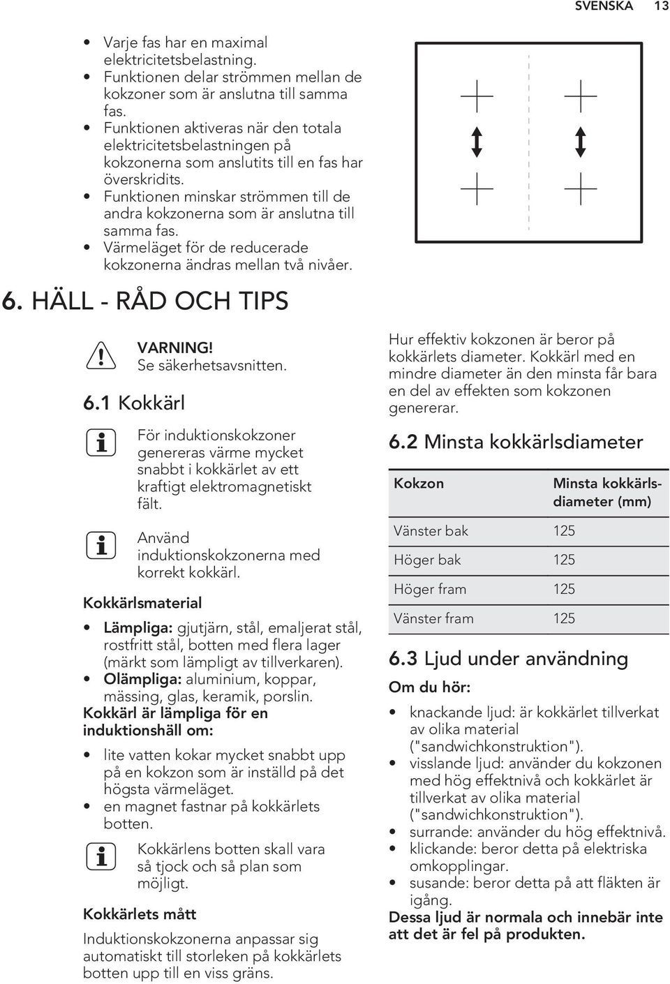 Funktionen minskar strömmen till de andra kokzonerna som är anslutna till samma fas. Värmeläget för de reducerade kokzonerna ändras mellan två nivåer. 6.