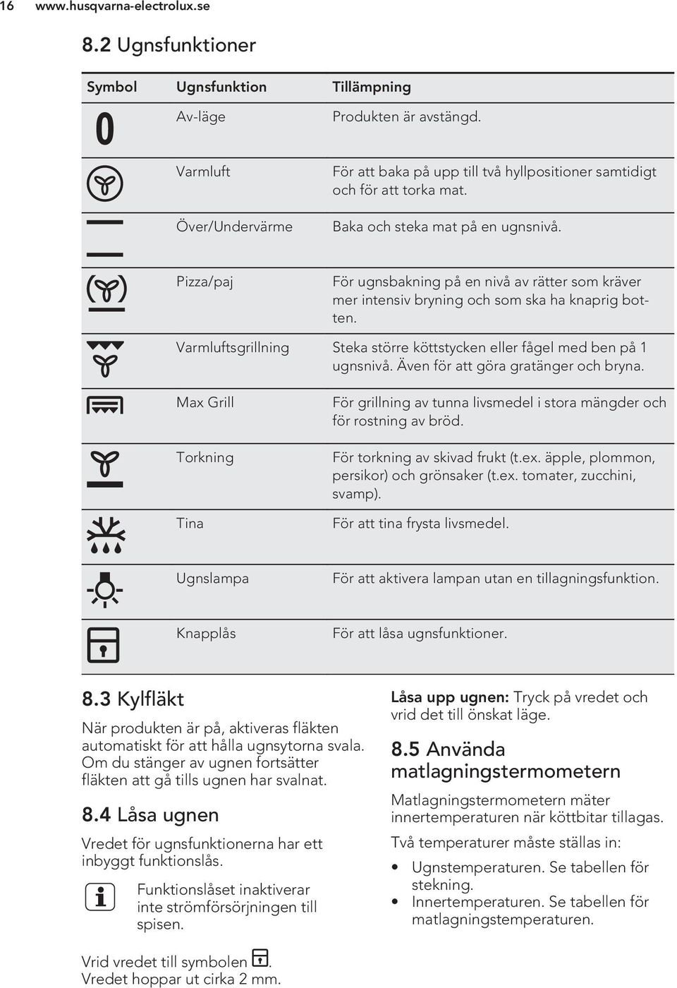 Varmluftsgrillning Steka större köttstycken eller fågel med ben på 1 ugnsnivå. Även för att göra gratänger och bryna.