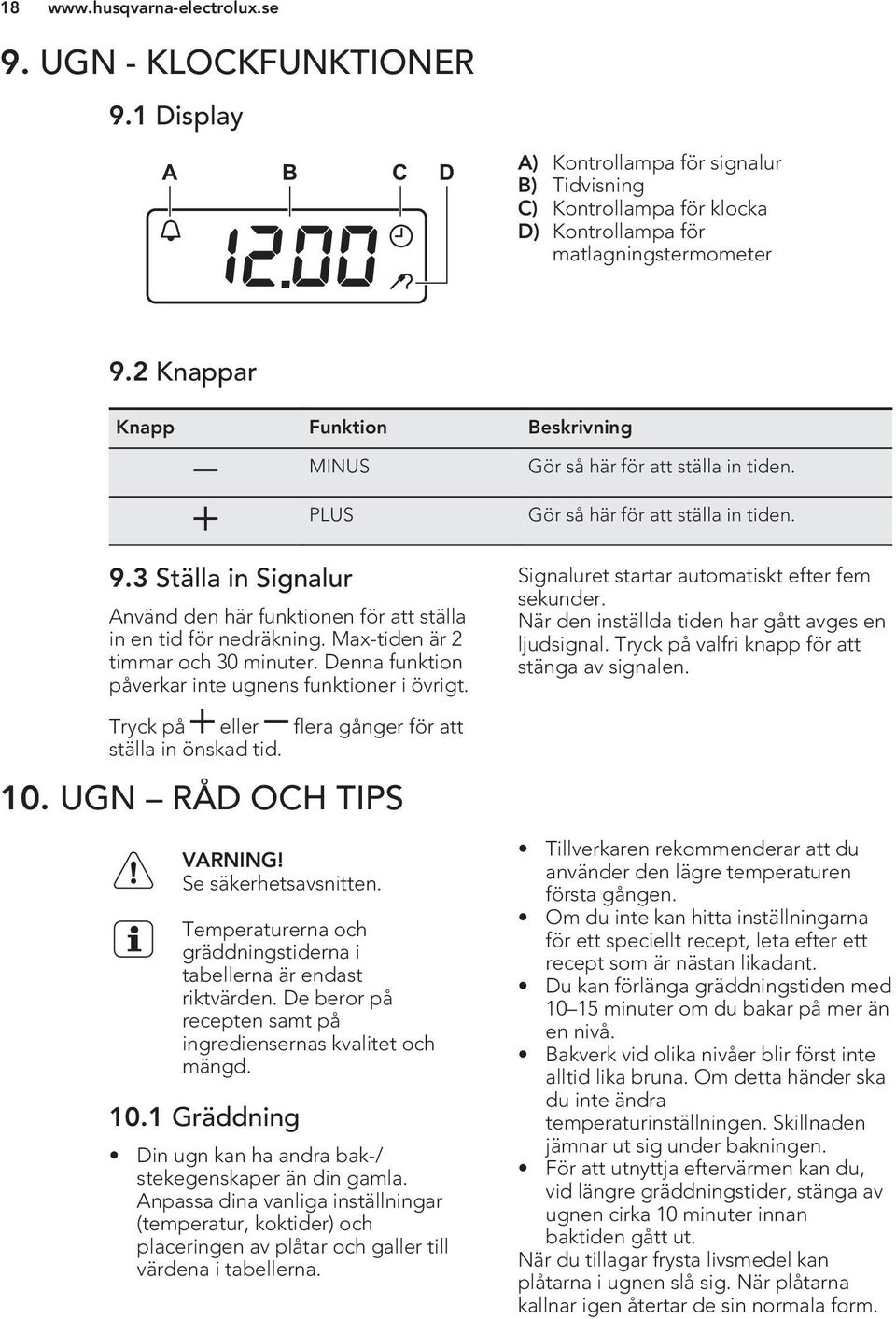 3 Ställa in Signalur Använd den här funktionen för att ställa in en tid för nedräkning. Max-tiden är 2 timmar och 30 minuter. Denna funktion påverkar inte ugnens funktioner i övrigt.