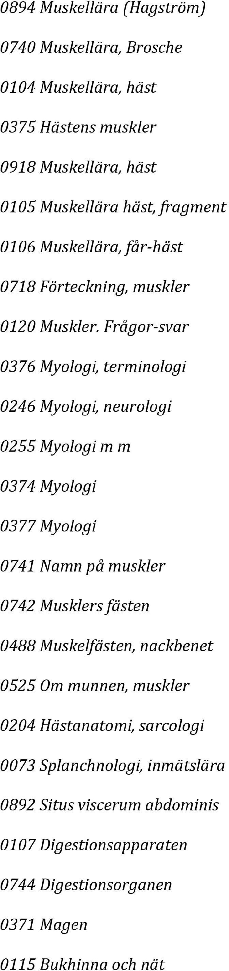 Frågor-svar 0376 Myologi, terminologi 0246 Myologi, neurologi 0255 Myologi m m 0374 Myologi 0377 Myologi 0741 Namn på muskler 0742 Musklers