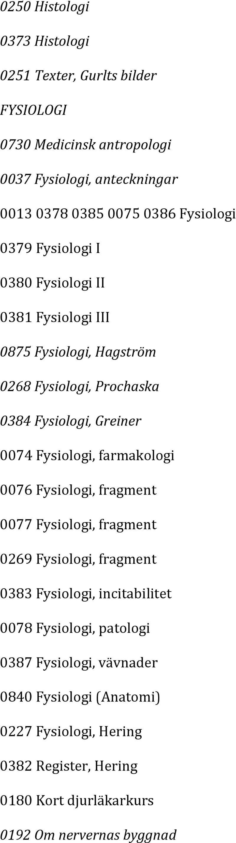 Fysiologi, farmakologi 0076 Fysiologi, fragment 0077 Fysiologi, fragment 0269 Fysiologi, fragment 0383 Fysiologi, incitabilitet 0078 Fysiologi,