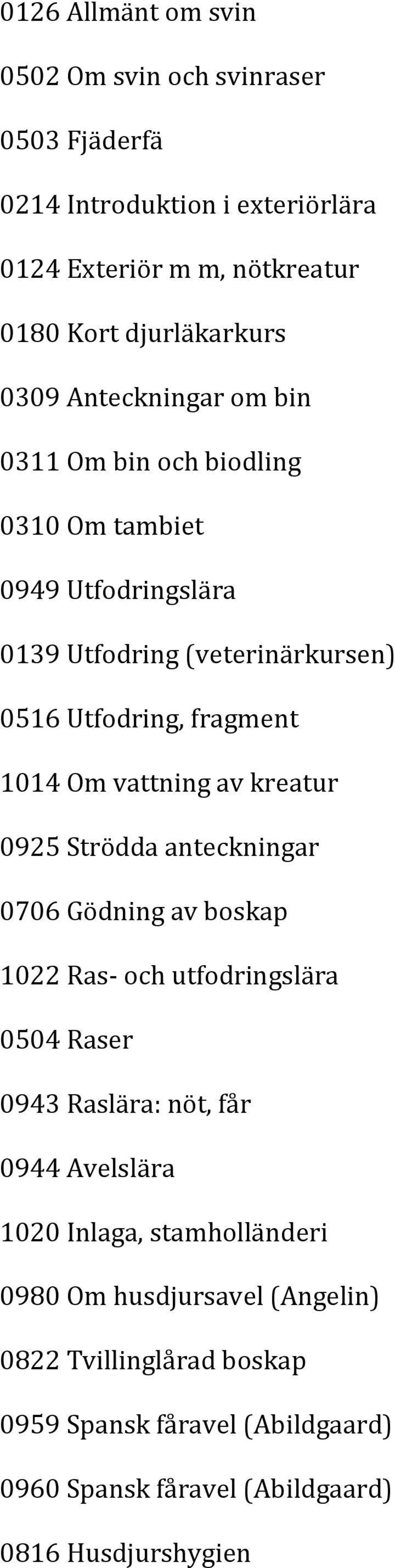 vattning av kreatur 0925 Strödda anteckningar 0706 Gödning av boskap 1022 Ras- och utfodringslära 0504 Raser 0943 Raslära: nöt, får 0944 Avelslära 1020