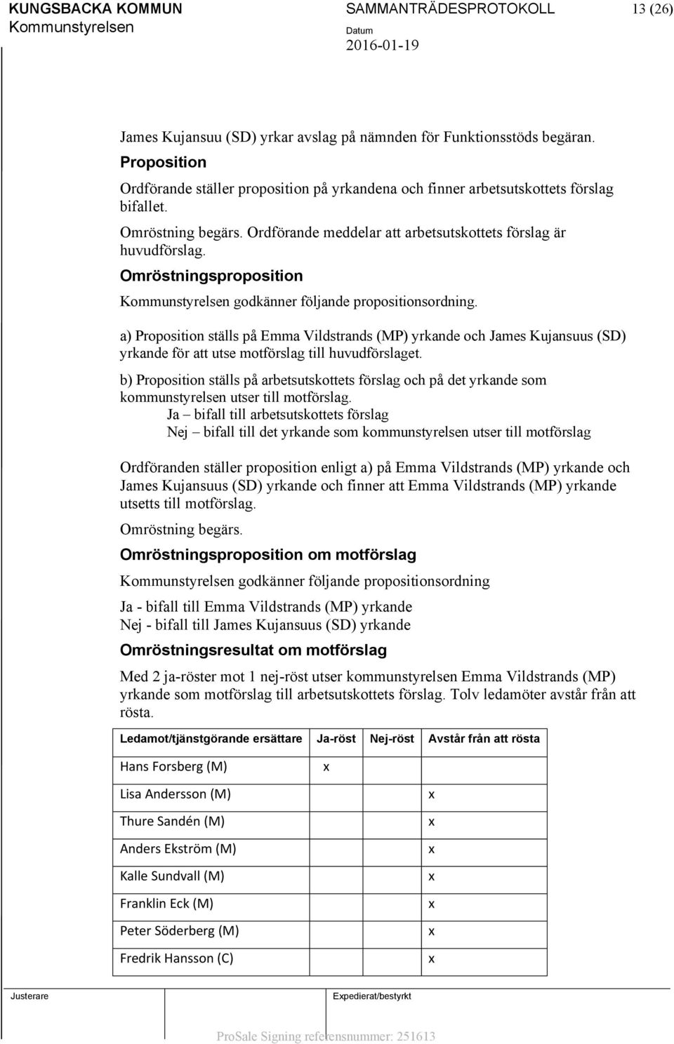 Omröstningsproposition godkänner följande propositionsordning. a) Proposition ställs på Emma Vildstrands (MP) yrkande och James Kujansuus (SD) yrkande för att utse motförslag till huvudförslaget.