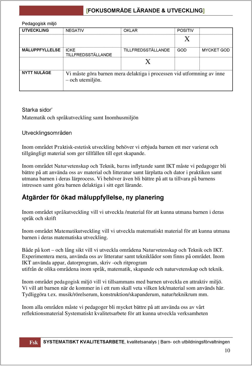 Starka sidor Matematik och språkutveckling samt Inomhusmiljön Utvecklingsområden Inom området Praktisk-estetisk utveckling behöver vi erbjuda barnen ett mer varierat och tillgängligt material som ger