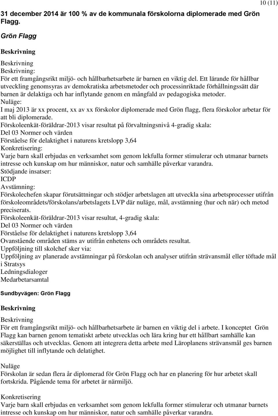 I maj 2013 är xx procent, xx av xx förskolor diplomerade med Grön flagg, flera förskolor arbetar för att bli diplomerade.