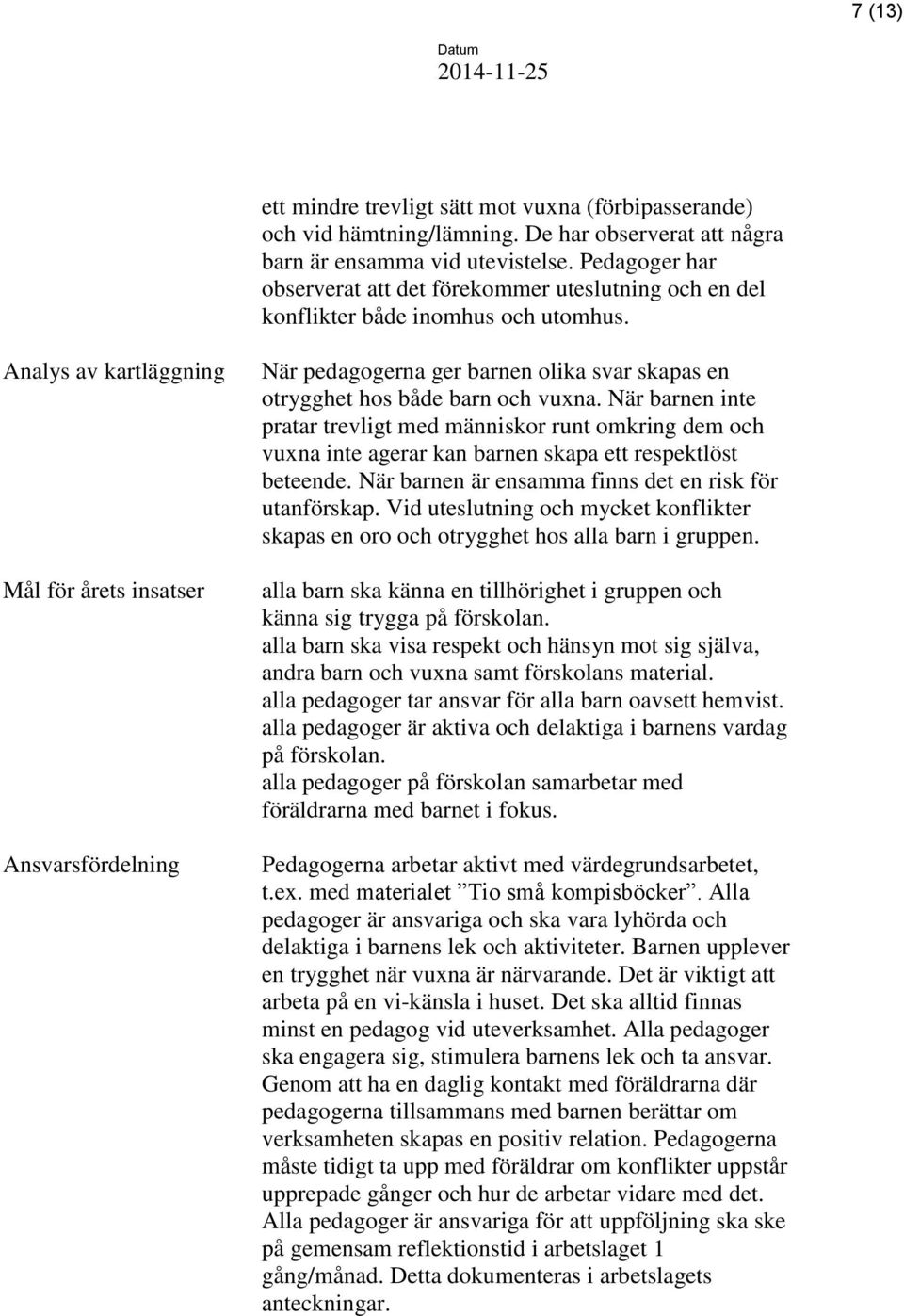 Analys av kartläggning Mål för årets insatser Ansvarsfördelning När pedagogerna ger barnen olika svar skapas en otrygghet hos både barn och vuxna.