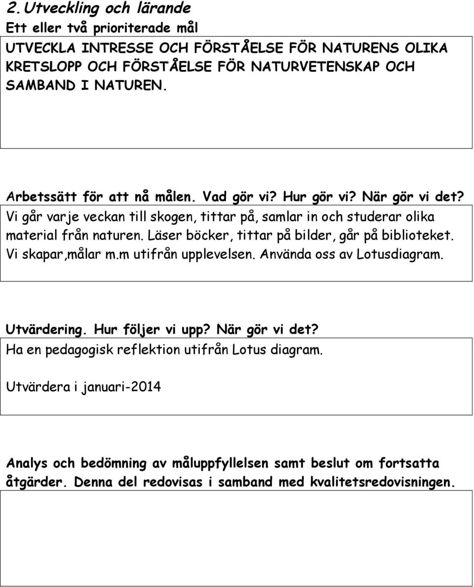 Läser böcker, tittar på bilder, går på biblioteket. Vi skapar,målar m.m utifrån upplevelsen. Använda oss av Lotusdiagram. Utvärdering. Hur följer vi upp? När gör vi det?