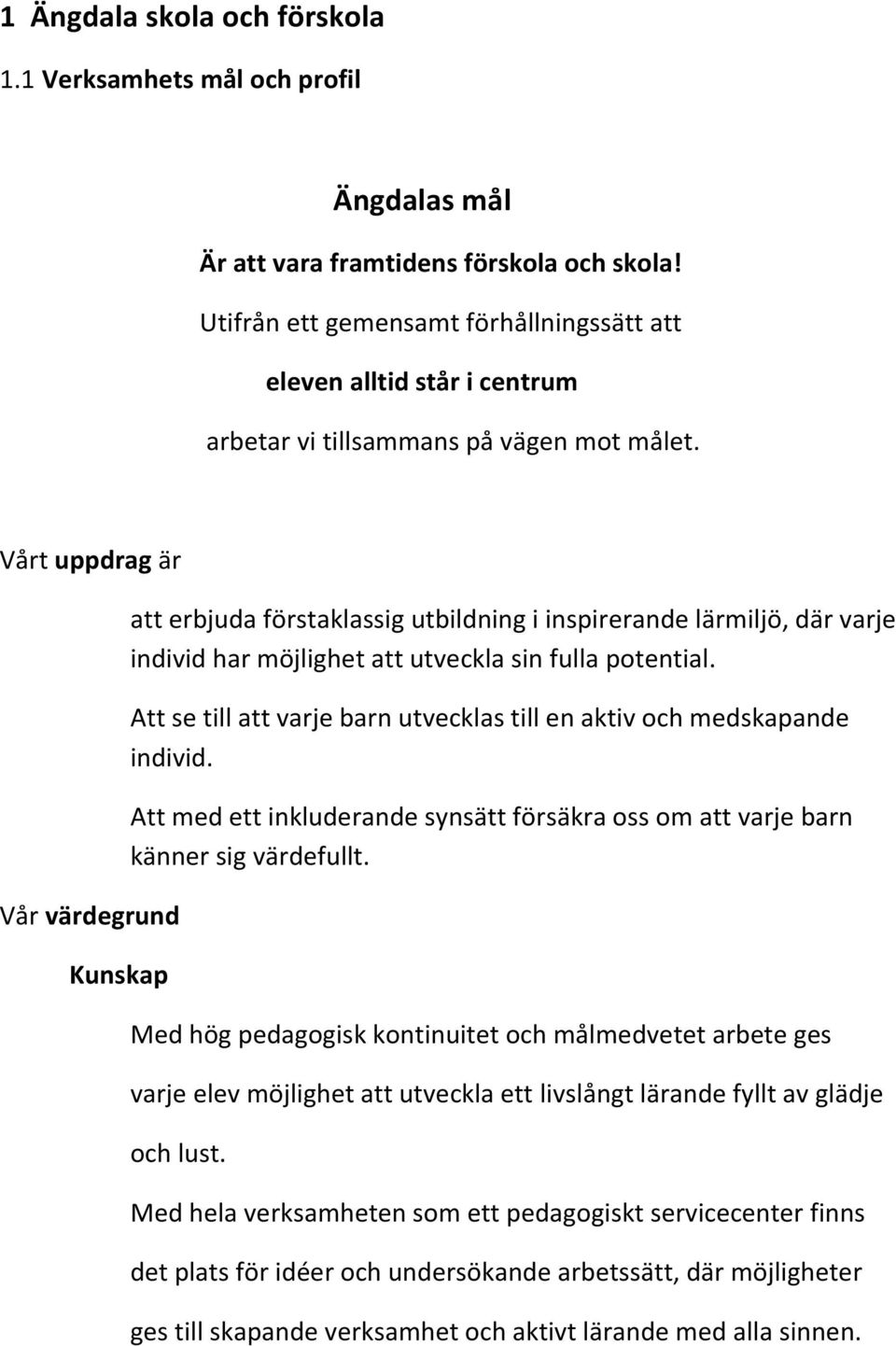 Vårt uppdrag är Vår värdegrund Kunskap att erbjuda förstaklassig utbildning i inspirerande lärmiljö, där varje individ har möjlighet att utveckla sin fulla potential.