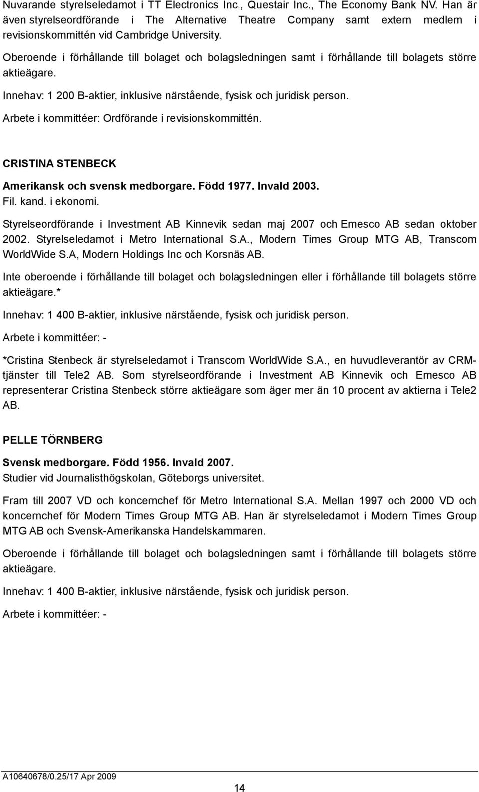 Oberoende i förhållande till bolaget och bolagsledningen samt i förhållande till bolagets större aktieägare. Innehav: 1 200 B-aktier, inklusive närstående, fysisk och juridisk person.