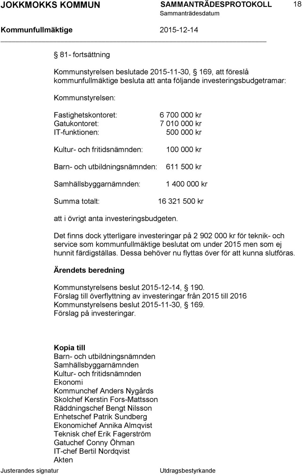 i övrigt anta investeringsbudgeten. Det finns dock ytterligare investeringar på 2 902 000 kr för teknik- och service som kommunfullmäktige beslutat om under 2015 men som ej hunnit färdigställas.