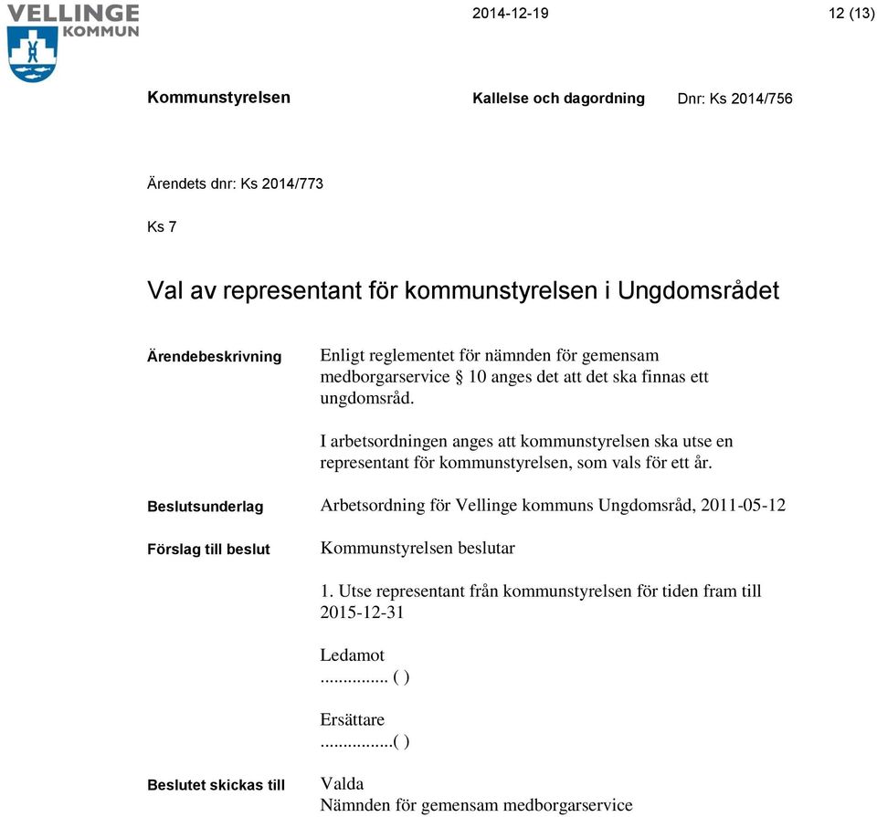 I arbetsordningen anges att kommunstyrelsen ska utse en representant för kommunstyrelsen, som vals för ett år.