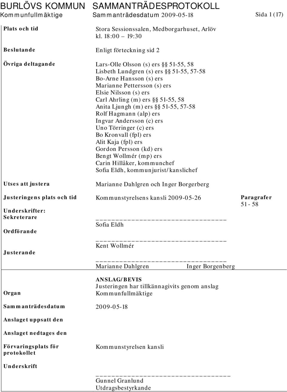 Nilsson (s) ers Carl Ahrling (m) ers 51-55, 58 Anita Ljungh (m) ers 51-55, 57-58 Rolf Hagmann (alp) ers Ingvar Andersson (c) ers Uno Törringer (c) ers Bo Kronvall (fpl) ers Alit Kaja (fpl) ers Gordon