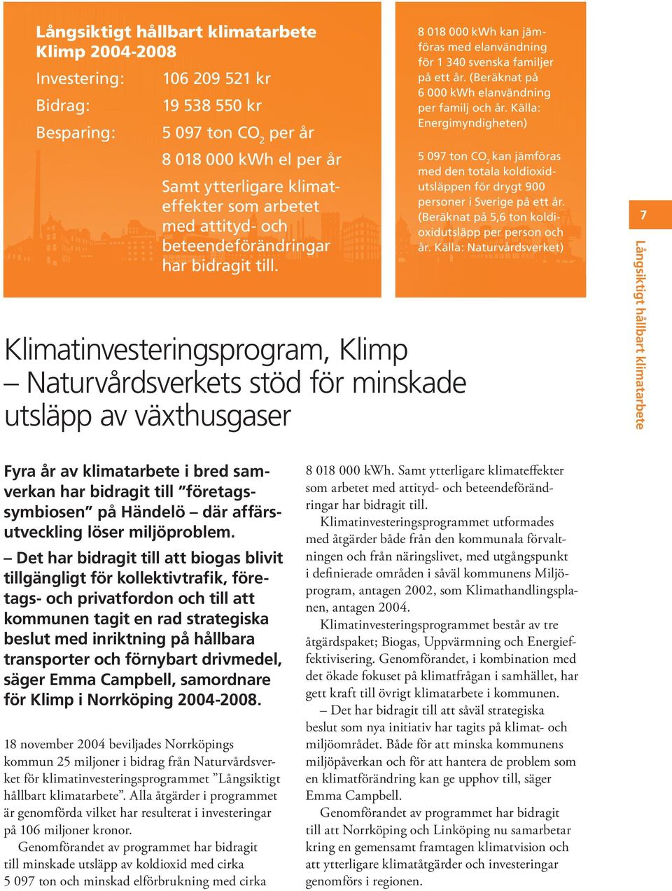 Klimatinvesteringsprogram, Klimp Naturvårdsverkets stöd för minskade utsläpp av växthusgaser 8 018 000 kwh kan jämföras med elanvändning för 1 340 svenska familjer på ett år.