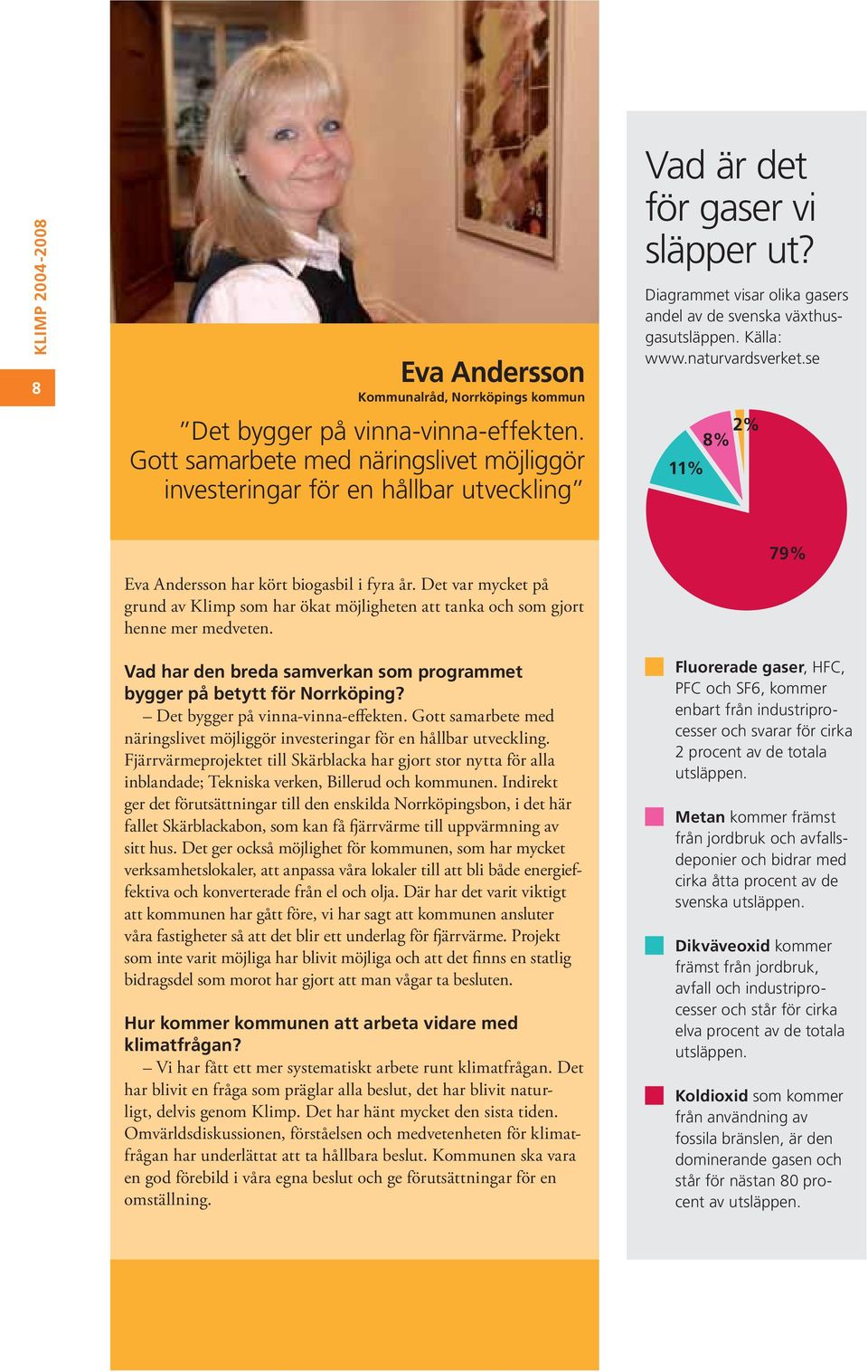 naturvardsverket.se 11% 8% 2% Eva Andersson har kört biogasbil i fyra år. Det var mycket på grund av Klimp som har ökat möjligheten att tanka och som gjort henne mer medveten.