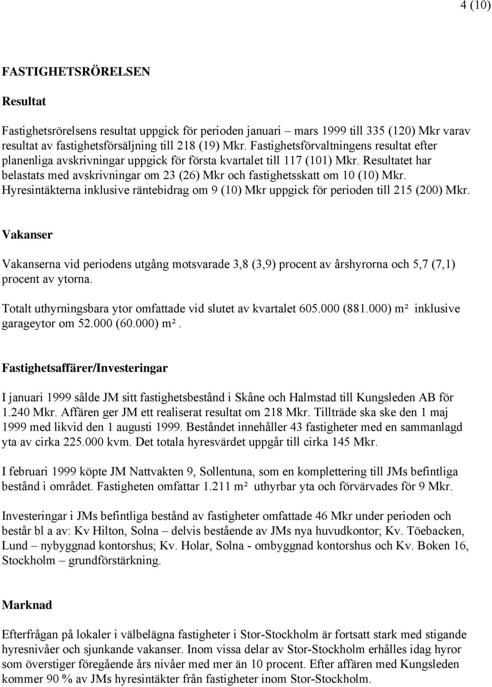 Resultatet har belastats med avskrivningar om 23 (26) Mkr och fastighetsskatt om 10 (10) Mkr. Hyresintäkterna inklusive räntebidrag om 9 (10) Mkr uppgick för perioden till 215 (200) Mkr.