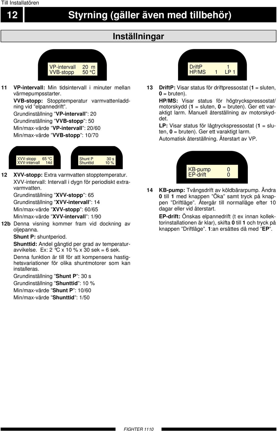 Grundinställning VP-intervall : Grundinställning VVB-stopp : 5 Min/max-värde VP-intervall : / Min/max-värde VVB-stopp : /7 DriftP HP/MS LP 3 DriftP: Visar status för driftpressostat ( = sluten, =