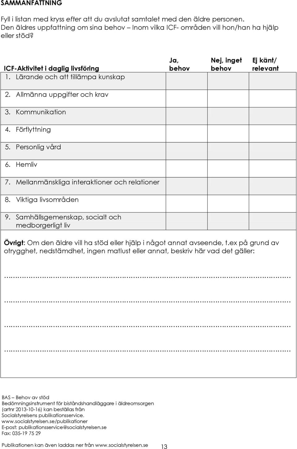 Hemliv 7. Mellanmänskliga interaktioner och relationer 8. Viktiga livsområden 9.