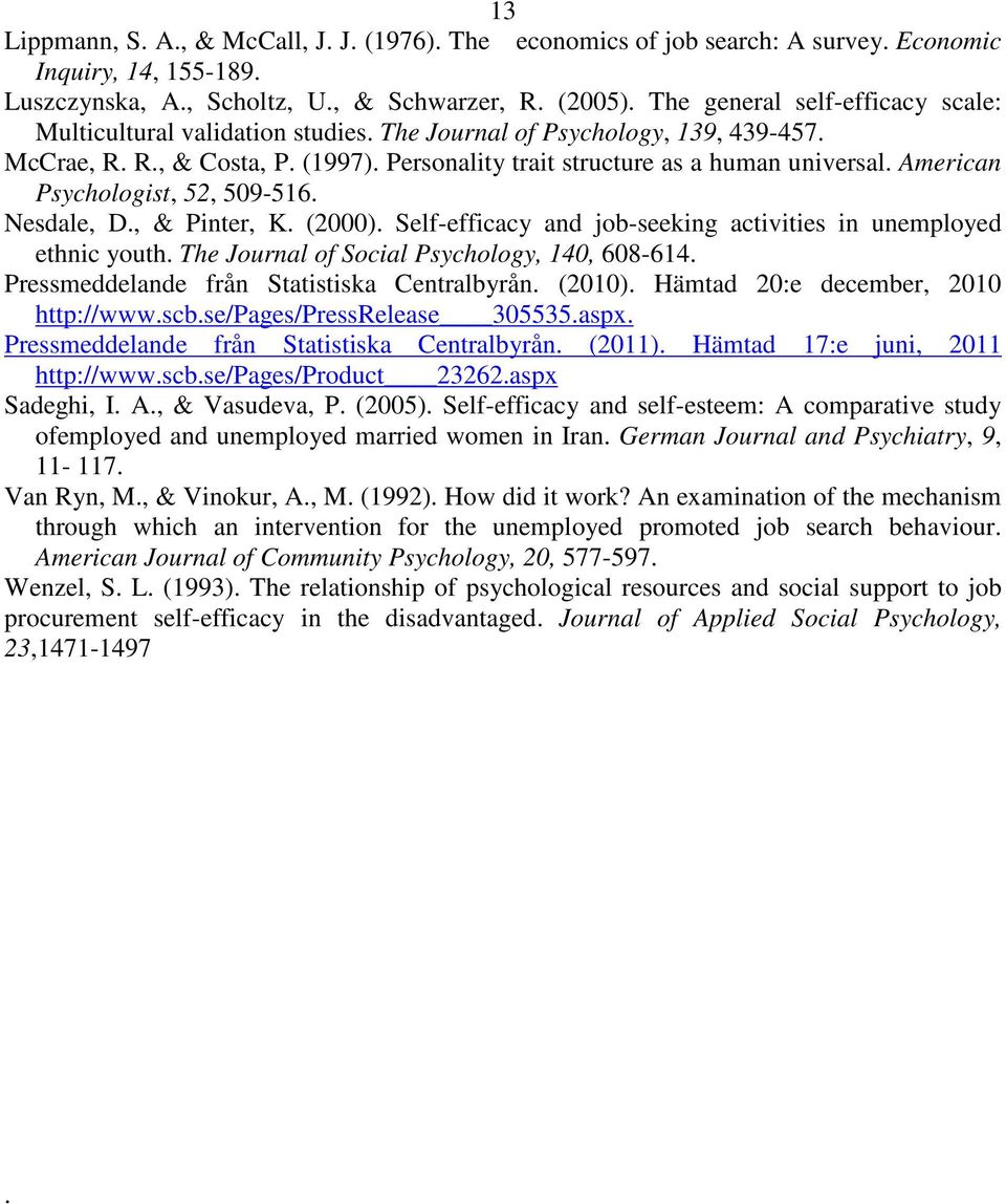 American Psychologist, 52, 509-516. Nesdale, D., & Pinter, K. (2000). Self-efficacy and job-seeking activities in unemployed ethnic youth. The Journal of Social Psychology, 140, 608-614.