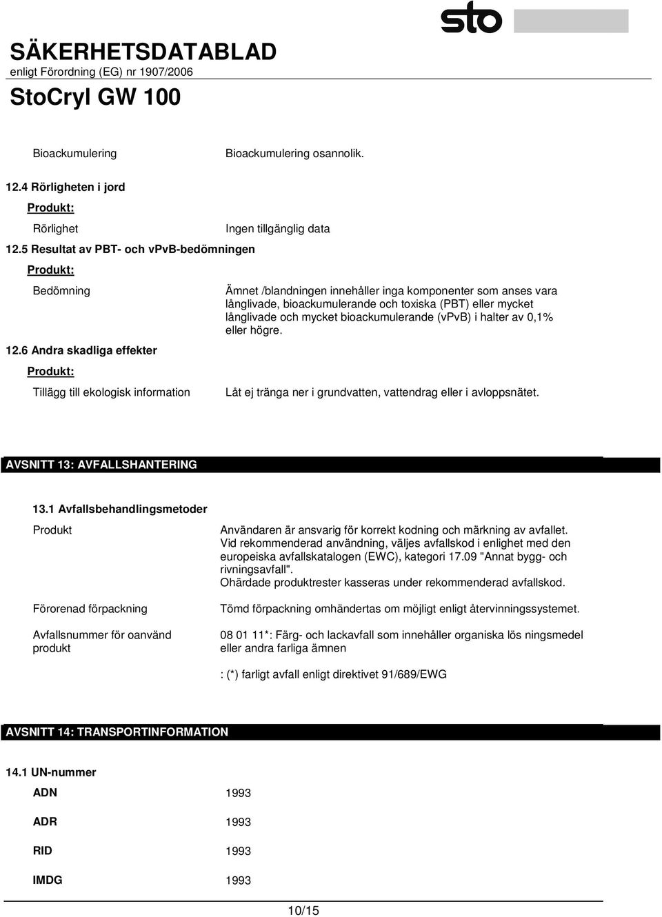 långlivade och mycket bioackumulerande (vpvb) i halter av 0,1% eller högre. Låt ej tränga ner i grundvatten, vattendrag eller i avloppsnätet. AVSNITT 13: AVFALLSHANTERING 13.