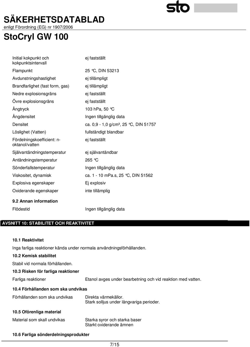 0,9-1,0 g/cm³, 25 C, DIN 51757 Löslighet (Vatten) Fördelningskoefficient: n- oktanol/vatten Självantändningstemperatur fullständigt blandbar ej fastställt Antändningstemperatur 265 C