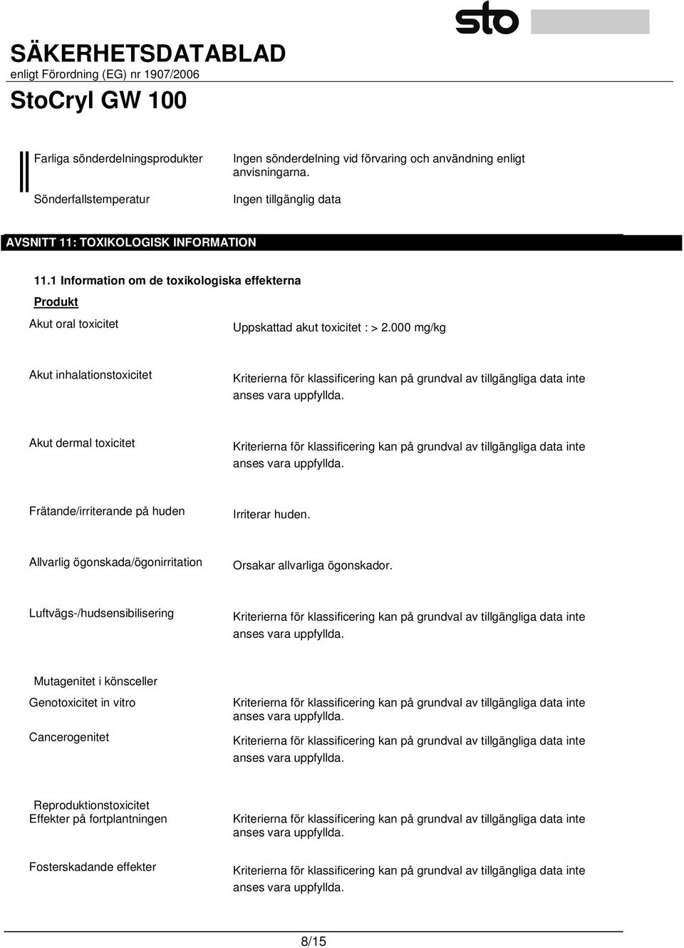 000 mg/kg Akut inhalationstoxicitet Akut dermal toxicitet Frätande/irriterande på huden Irriterar huden.