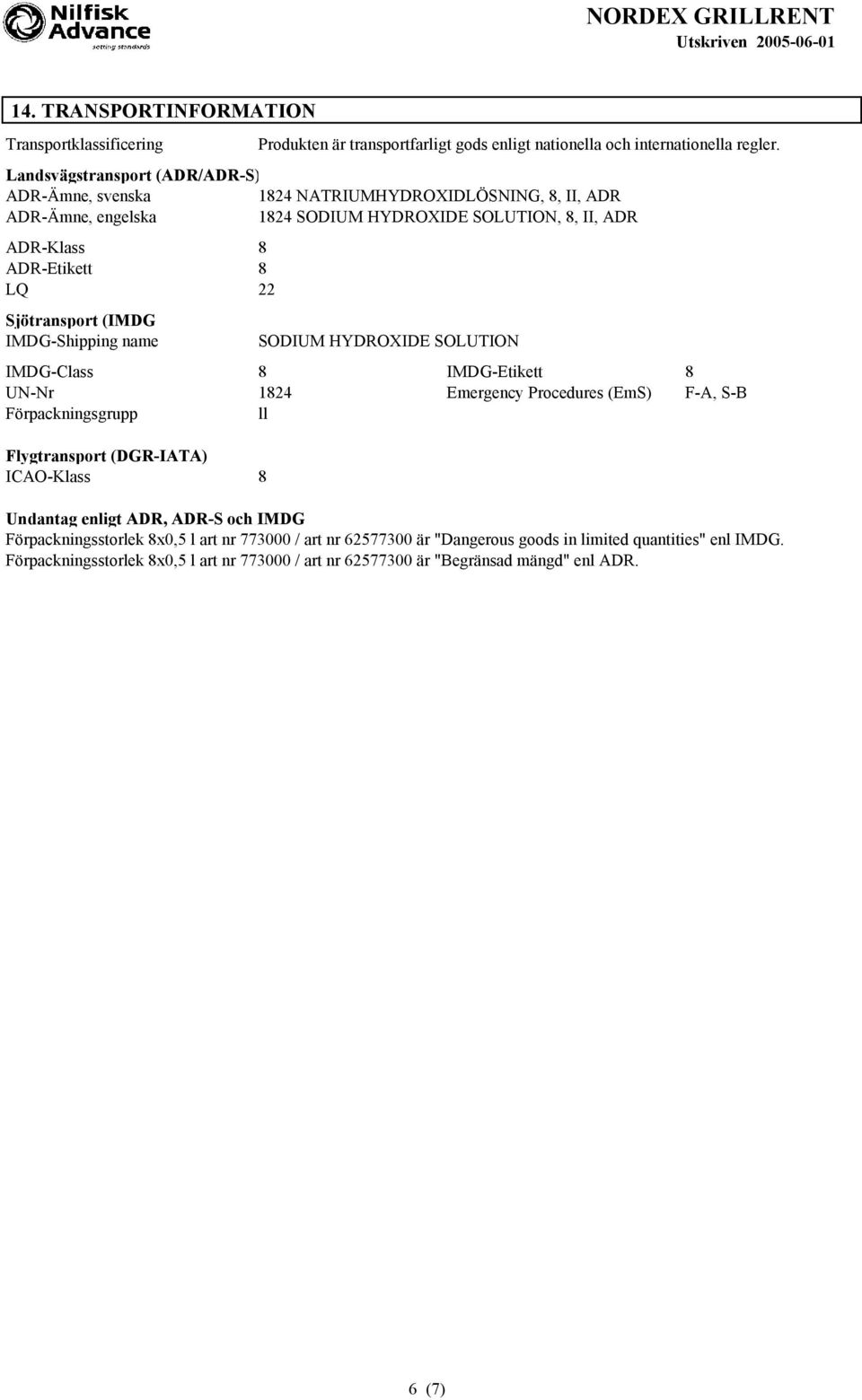 Sjötransport (IMDG IMDG-Shipping name SODIUM HYDROXIDE SOLUTION IMDG-Class 8 IMDG-Etikett 8 UN-Nr 1824 Emergency Procedures (EmS) F-A, S-B Förpackningsgrupp ll Flygtransport (DGR-IATA)