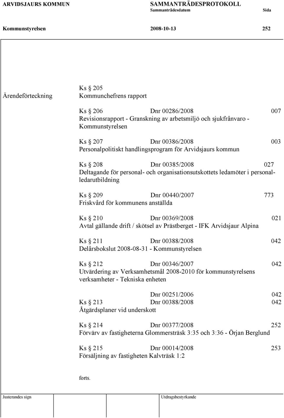 organisationsutskottets ledamöter i personalledarutbildning Ks 209 Dnr 00440/2007 773 Friskvård för kommunens anställda Ks 210 Dnr 00369/2008 021 Avtal gällande drift / skötsel av Prästberget - IFK