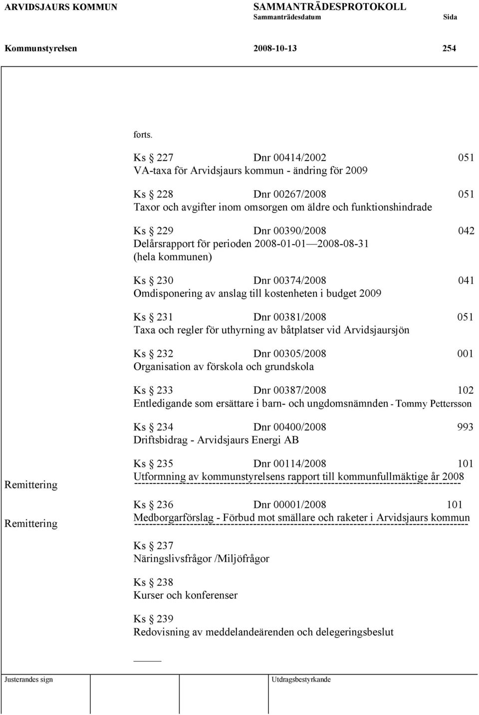Delårsrapport för perioden 2008-01-01 2008-08-31 (hela kommunen) Ks 230 Dnr 00374/2008 041 Omdisponering av anslag till kostenheten i budget 2009 Ks 231 Dnr 00381/2008 051 Taxa och regler för