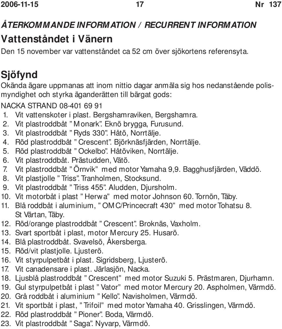 Bergshamraviken, Bergshamra. 2. Vit plastroddbåt Monark. Eknö brygga, Furusund. 3. Vit plastroddbåt Ryds 330. Håtö, Norrtälje. 4. Röd plastroddbåt Crescent. Björknäsfjärden, Norrtälje. 5.