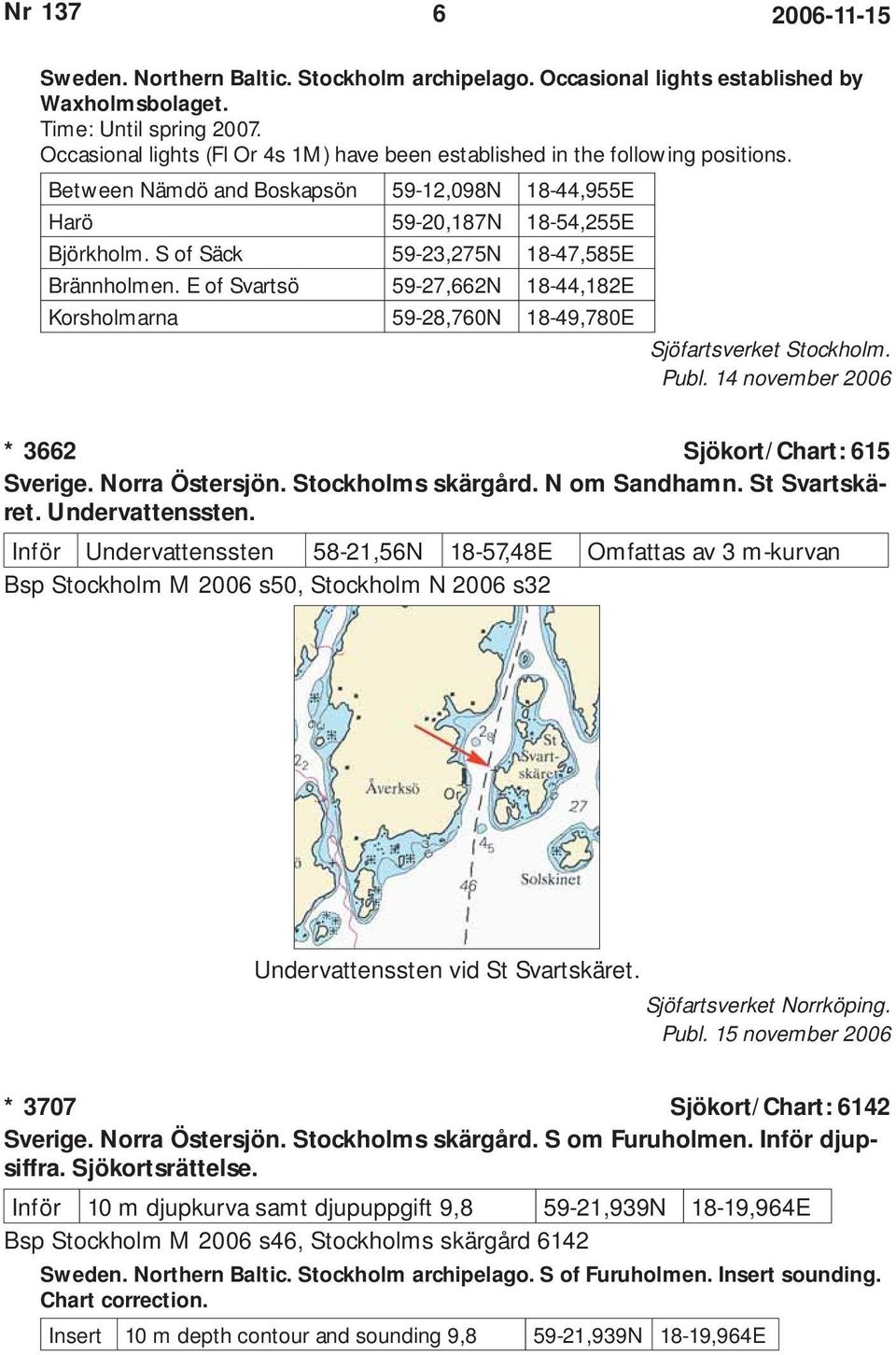 S of Säck 59-23,275N 18-47,585E Brännholmen. E of Svartsö 59-27,662N 18-44,182E Korsholmarna 59-28,760N 18-49,780E Sjöfartsverket Stockholm. Publ. 14 november 2006 * 3662 Sjökort/Chart: 615 Sverige.