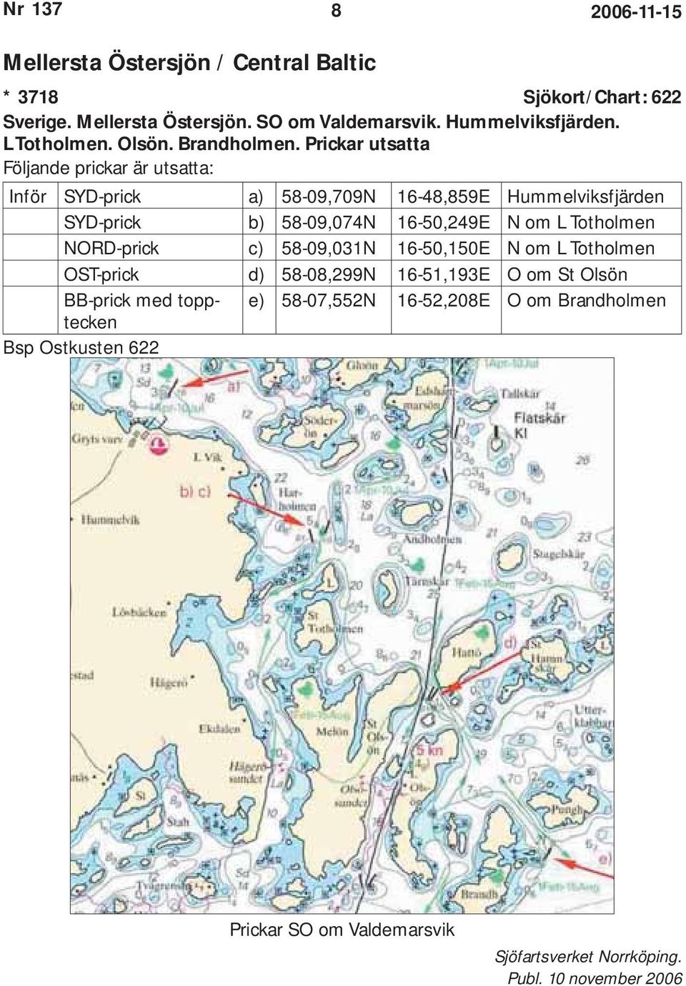 Prickar utsatta Följande prickar är utsatta: Inför SYD-prick a) 58-09,709N 16-48,859E Hummelviksfjärden SYD-prick b) 58-09,074N 16-50,249E N om L