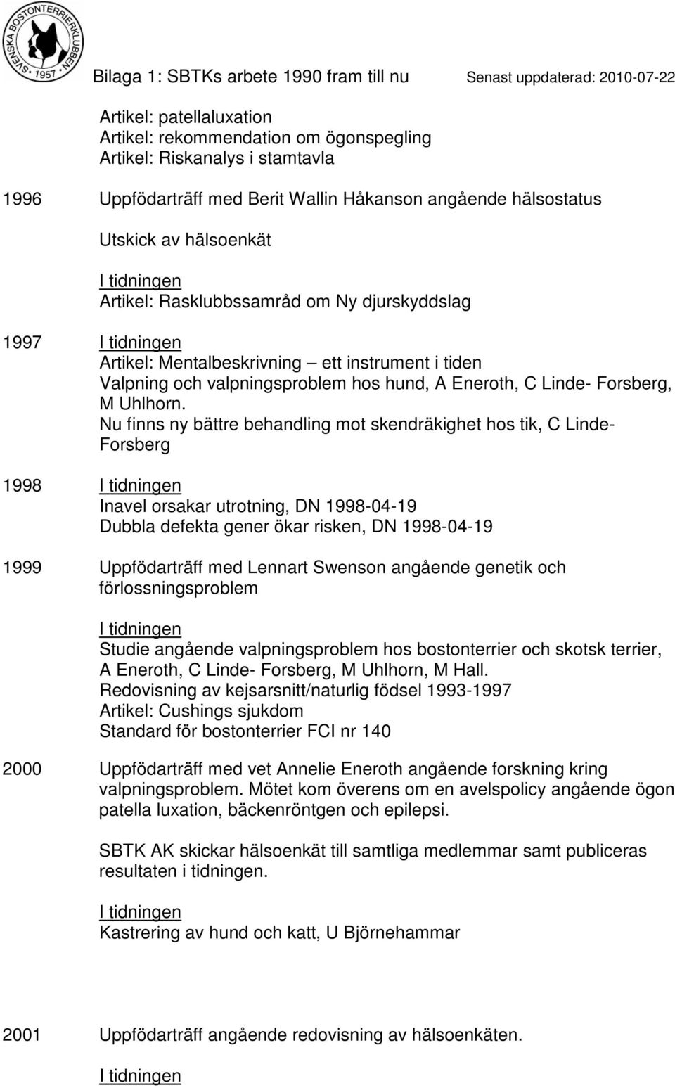 Nu finns ny bättre behandling mot skendräkighet hos tik, C Linde- Forsberg 1998 Inavel orsakar utrotning, DN 1998-04-19 Dubbla defekta gener ökar risken, DN 1998-04-19 1999 Uppfödarträff med Lennart