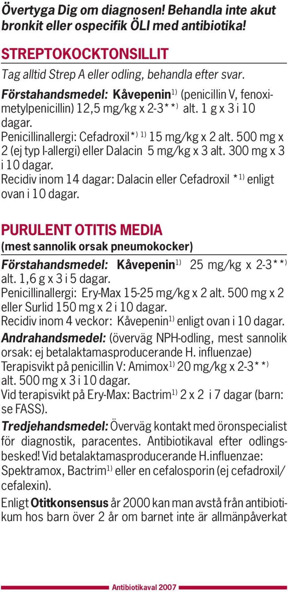 500 mg x 2 (ej typ I-allergi) eller Dalacin 5 mg/kg x 3 alt.