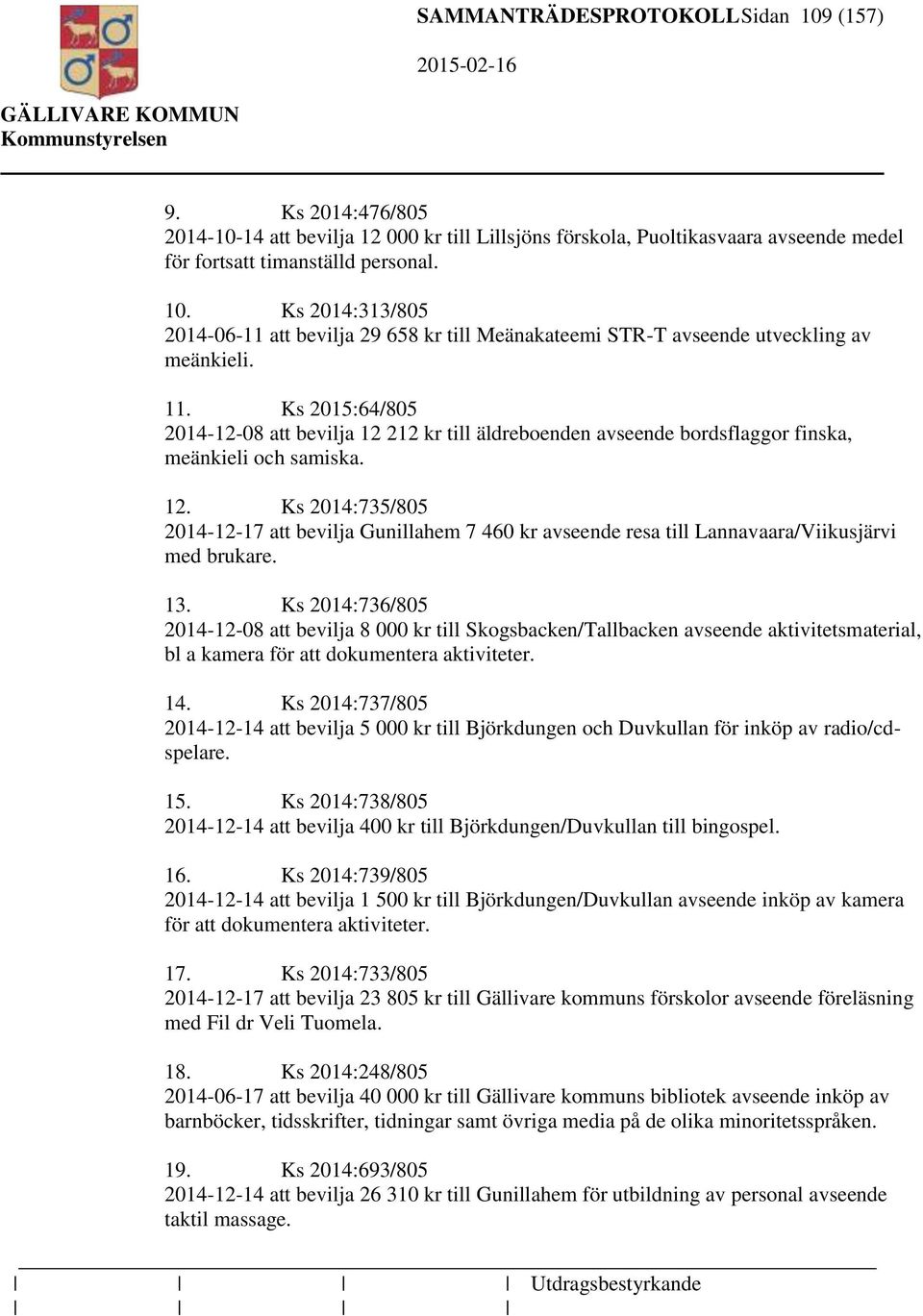 13. Ks 2014:736/805 2014-12-08 att bevilja 8 000 kr till Skogsbacken/Tallbacken avseende aktivitetsmaterial, bl a kamera för att dokumentera aktiviteter. 14.