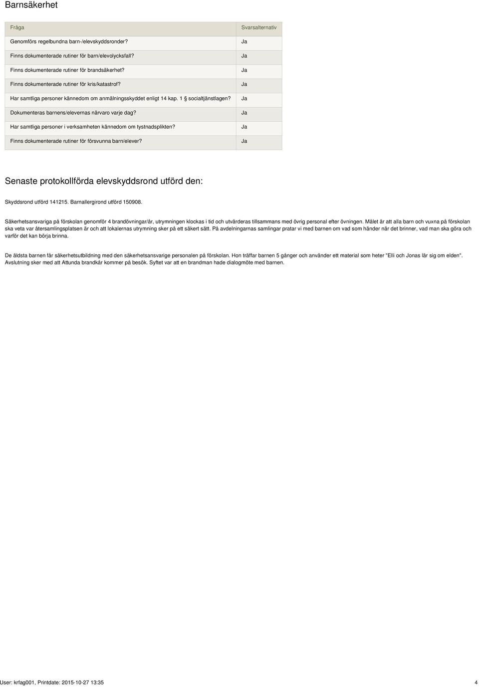 Har samtliga personer i verksamheten kännedom om tystnadsplikten? Finns dokumenterade rutiner för försvunna barn/elever? Senaste protokollförda elevskyddsrond utförd den: Skyddsrond utförd 141215.