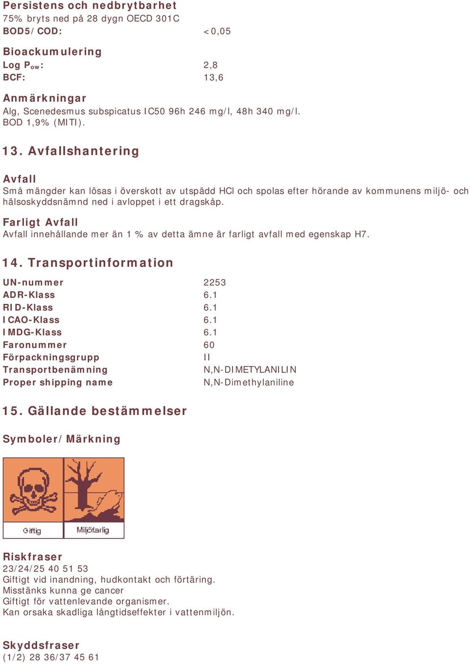 Farligt Avfall Avfall innehållande mer än 1 % av detta ämne är farligt avfall med egenskap H7. 14. Transportinformation UN-nummer 2253 ADR-Klass 6.1 RID-Klass 6.1 ICAO-Klass 6.1 IMDG-Klass 6.