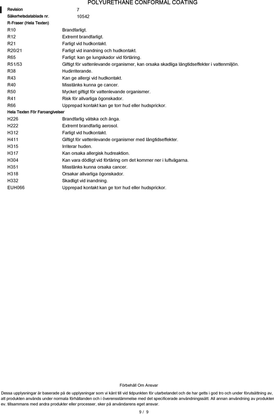 R40 Misstänks kunna ge cancer. R50 Mycket giftigt för vattenlevande organismer. R41 Risk för allvarliga ögonskador. R66 Upprepad kontakt kan ge torr hud eller hudsprickor.