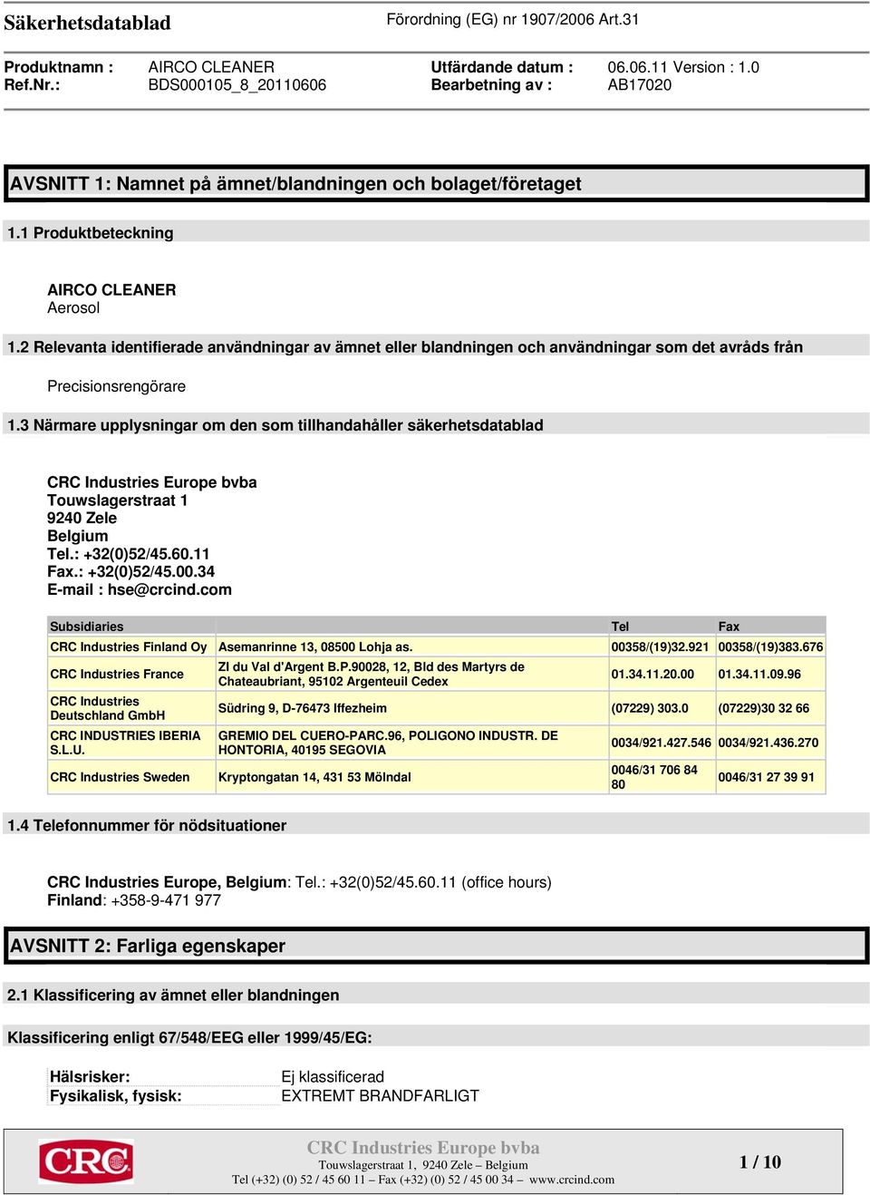 3 Närmare upplysningar om den som tillhandahåller säkerhetsdatablad Touwslagerstraat 1 9240 Zele Belgium Tel.: +32(0)52/45.60.11 Fax.: +32(0)52/45.00.34 E-mail : hse@crcind.