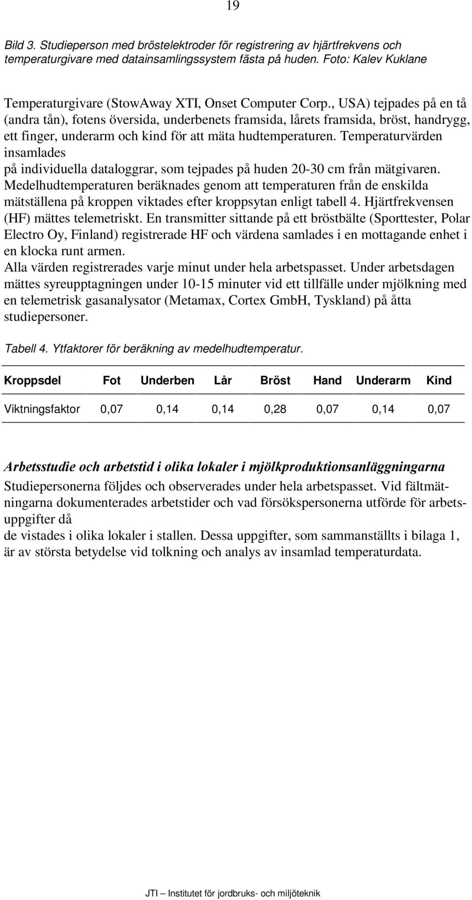 , USA) tejpades på en tå (andra tån), fotens översida, underbenets framsida, lårets framsida, bröst, handrygg, ett finger, underarm och kind för att mäta hudtemperaturen.