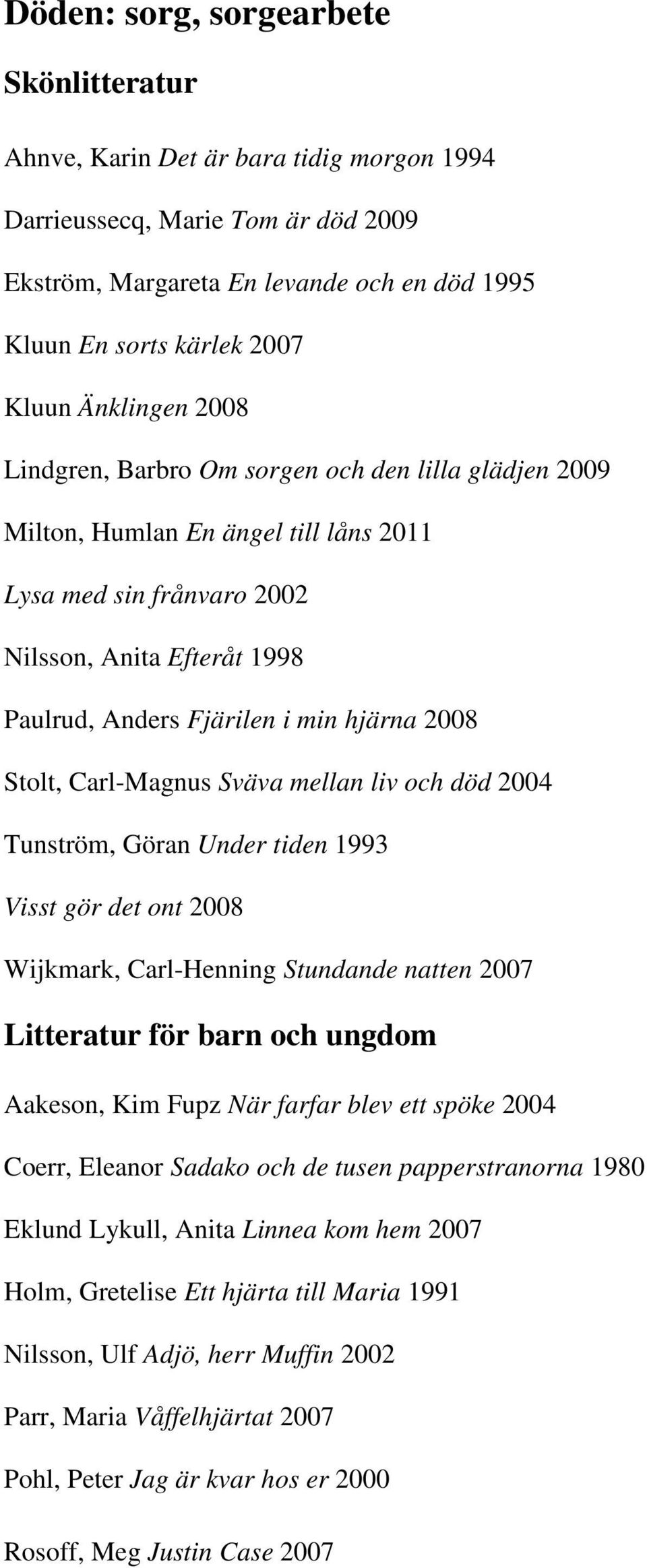 hjärna 2008 Stolt, Carl-Magnus Sväva mellan liv och död 2004 Tunström, Göran Under tiden 1993 Visst gör det ont 2008 Wijkmark, Carl-Henning Stundande natten 2007 Litteratur för barn och ungdom